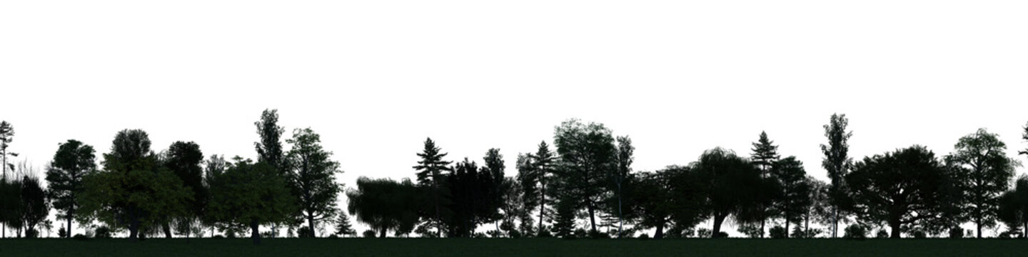 3D rendering of a seamless summer treeline with a grassy meadow at night. Transparent PNG Background.