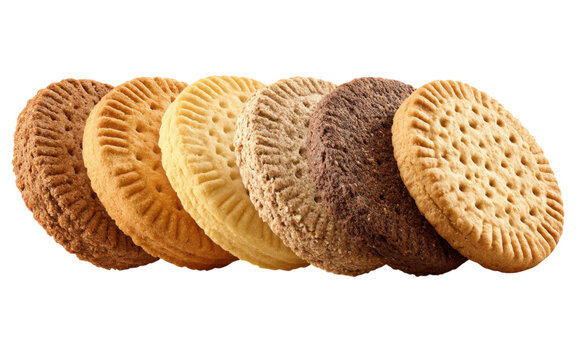 Assorted round cookies arranged in a horizontal row on transparent background for commercial food product projects.