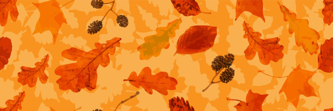 Autumn leaves seamless pattern, oak tree foliage vector background