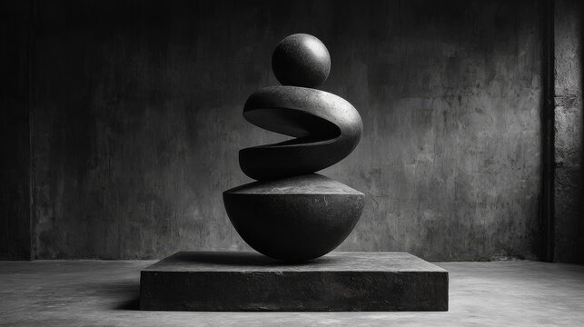 Minimalist black glossy metal sculpture stacked in three layers with round base elements, standing upright on black background, symbolizing simplicity, elegance, and modern abstract design concept