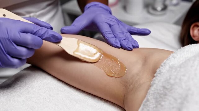 A professional esthetician applies molten sugar wax using a wooden spatula onto the underarm area of a female client during a skin hair removal procedure performed within a dermatology health