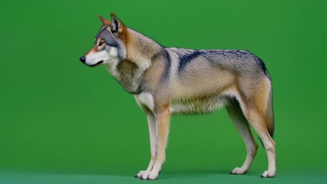 Domestic Wolf Like Dog Standing On Green Screen Background