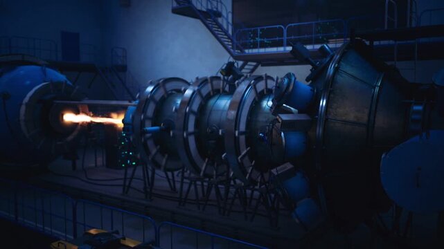 Research jet engine prototype firing in lab, rotating stages visible, focused combustion plume, test instrumentation attached, data cables, reflective metal