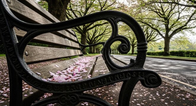 park bench with pink cherry blossom petals