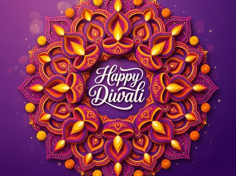 A festive happy diwali greeting card design featuring a beautiful circular mandala pattern made of glowing traditional oil lamps on purple background