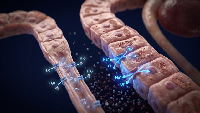 3D medical illustration of water and sodium chloride ion transport across the descending and ascending limbs of the Loop of Henle in a kidney nephron