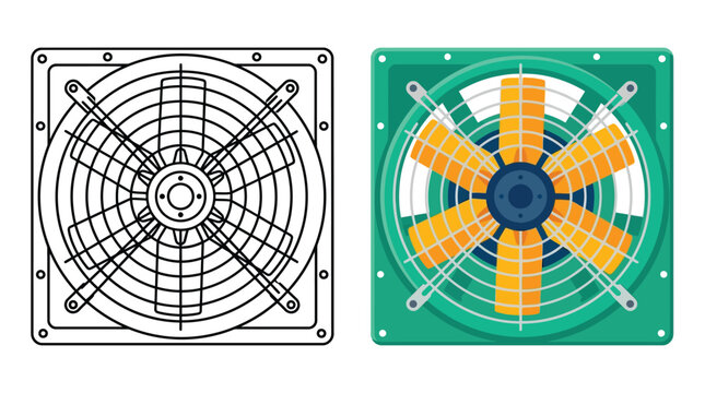 Ventilation fan flat vector illustration with colored and outline versions