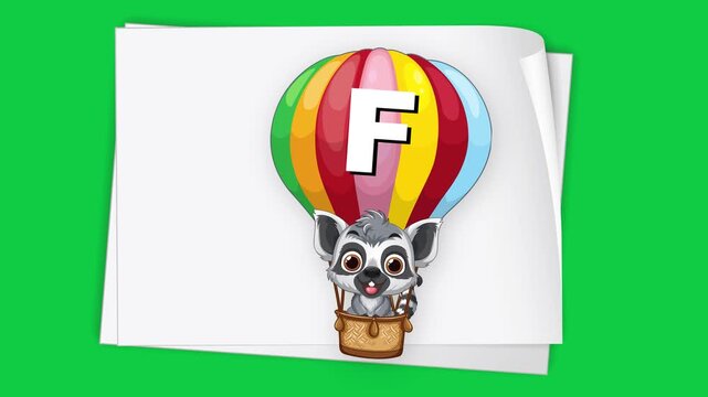 Animated Lemur in Hot Air Balloon Drifting Past White Sign on Green Screen
