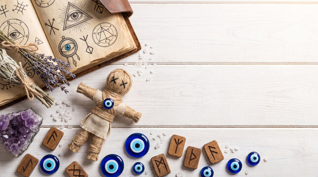 Magical artifacts including a doll, symbols, and spellbook on wooden table  
