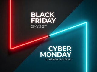 Fototapeta premium Modern promotional background featuring glowing red and blue neon light lines for black friday and cyber monday seasonal retail sales and marketing events