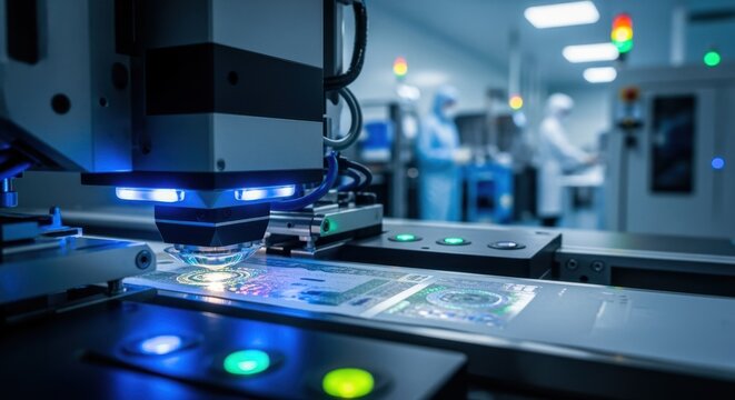 Manufacturing process of advanced currency showing hologram embossing line with precise alignment and controlled environment.