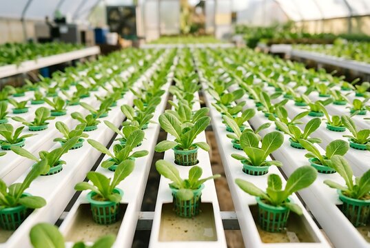 Rows of fresh green seedlings growing in a hydroponic greenhouse, representing sustainable agriculture and fresh produce.