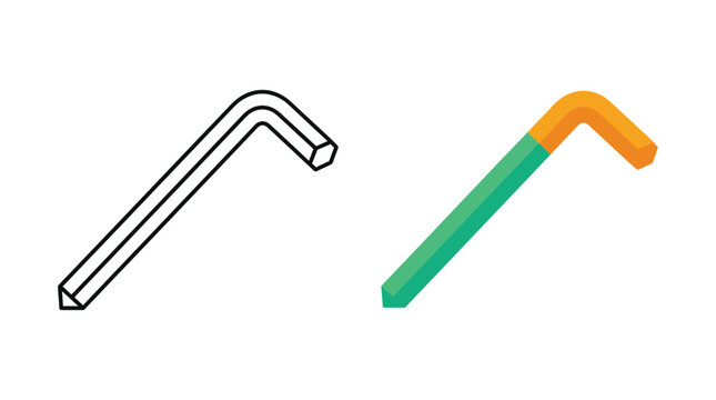 Hex key wrench flat vector illustration with colored and outline versions