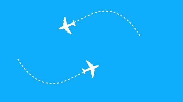 Two airplanes fly along dashed routes against a clear blue sky, symbolizing travel, journey, and connectivity.