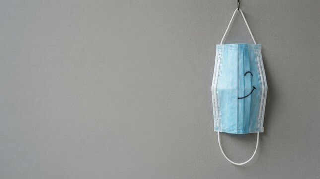 A light blue surgical mask with a smiling face drawn on it hangs from a string against a plain gray background.