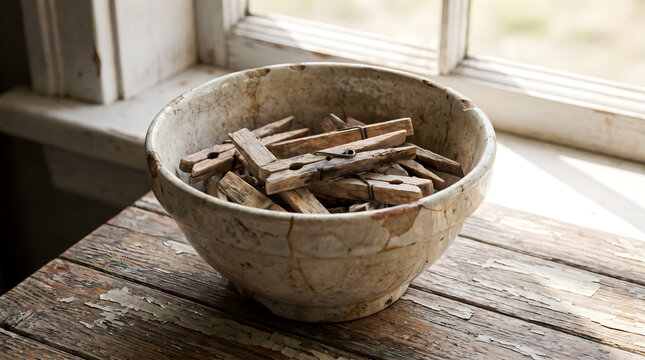 Wooden clothespins in a ceramic bowl. Vintage laundry pegs inside a rustic pottery dish.