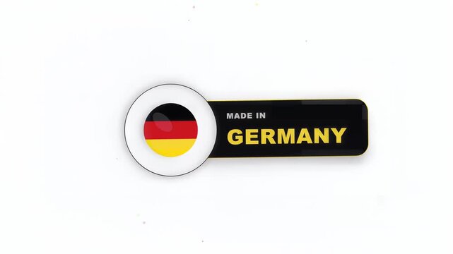 Close-up of magnifying glass over German flag, black rectangular label with 'Made in Germany' text, symbolizing quality, precision, and German craftsmanship