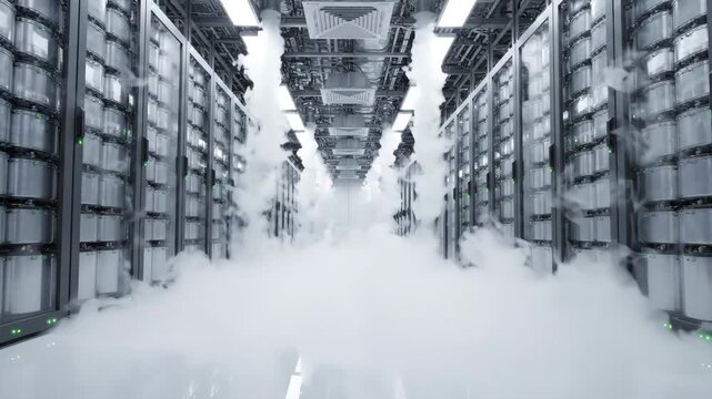 White corridor industrial data center server rack cloud computing cooling system with batt storage, cyber security technology, fog smoke