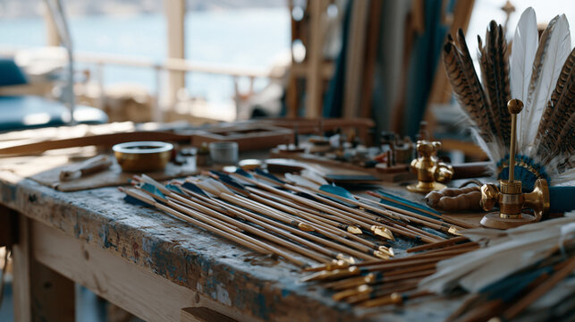 A fletcher's workshop table inside a hospital rehabilitation center, symbolic still life of hand-crafted wooden arrows arranged beside occupational therapy tools, fletching