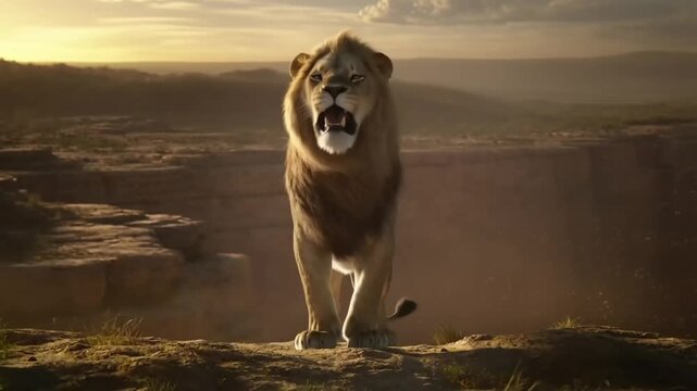 Male Lion Roars on Rocky Cliff Showing Vocalization and Power