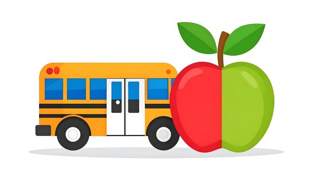 School Bus and Half Red Half Green Apple Illustration.