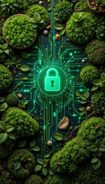 Aesthetic clean technology design arrangements reflecting a professional cyber protection theme on premium moss green background