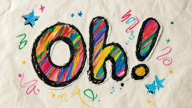 Colorful Oh text with festive confetti and stars in a celebratory pattern