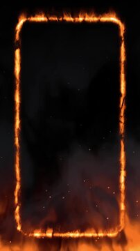 Vertical Glowing Fire Frame with Rising Smoke on Black Background