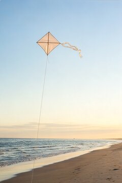 ingle Kite Flying Above Empty Beach at Golden Hour