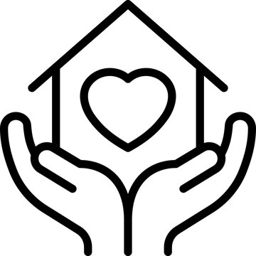 Family caregivers thin line icon, house with heart in hands. Vector illustration of adoption family, retirement, charity support.