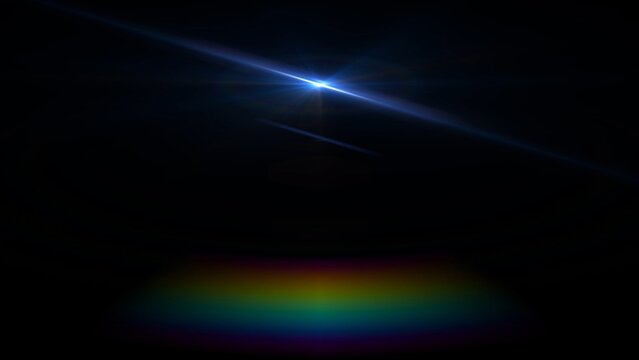 Radiant blue beam pierces dark void. Faint rainbow glow arcs below the light