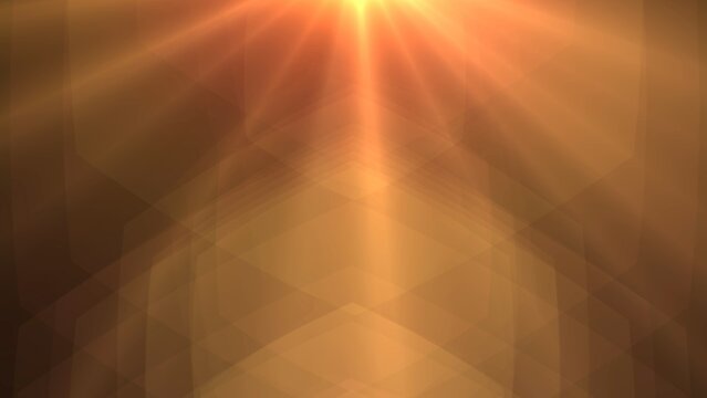 Golden sunbeams pierce through a warm, geometric haze. Soft rays radiate upward from a bright center