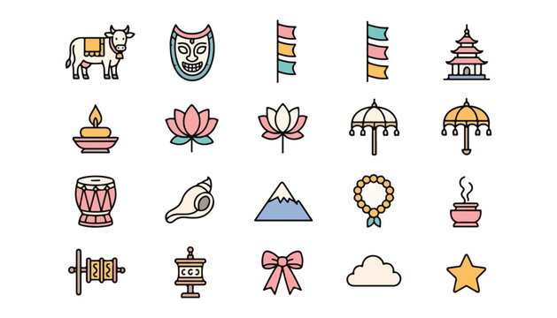 Premium Modern Outline Nepal Gai Jatra Festival Educational Illustration Icon Set
