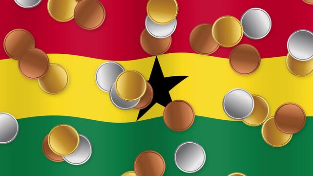 Gold Silver and Bronze Coins Falling Over Waving Ghana Flag