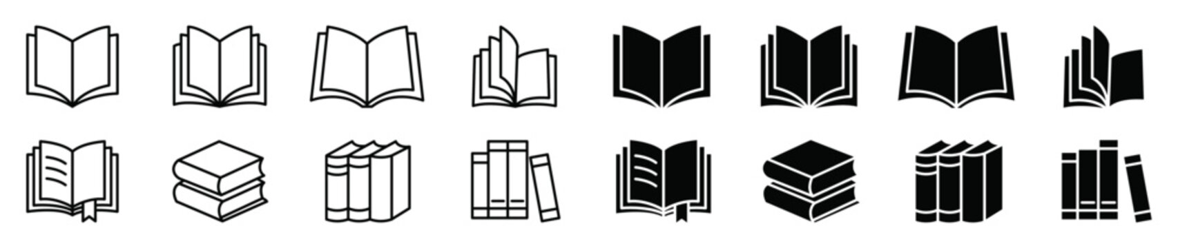 Book icon collection featuring open book, closed book, stacked books, library, reading, education, literature, textbook, notebook, and bookshelf for UI, apps, web, and print.
