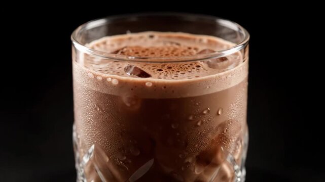 Close-up of a refreshing iced chocolate drink or cocoa milkshake with foam and ice cubes, served in a cold, sweating textured glass against a dramatic black background.