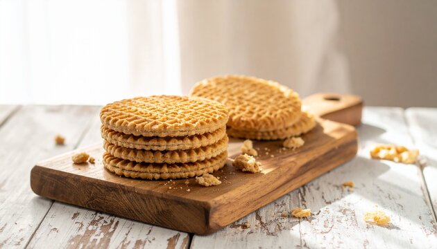 stack of waffle cookies on a wooden table