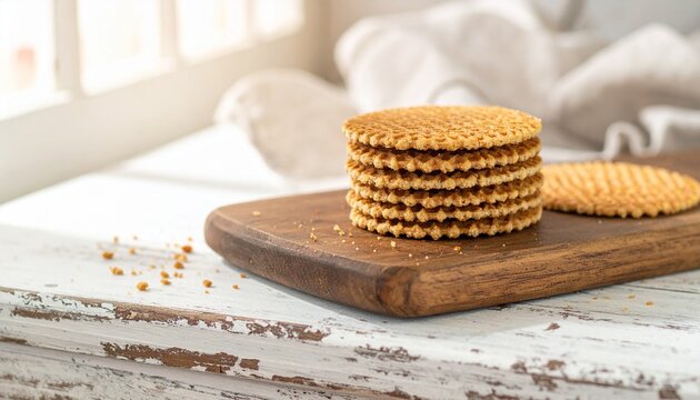 stack of waffle cookies on a wooden table