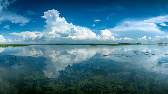 Scenic Cloud Reflection on Water at Hakaluki Haor