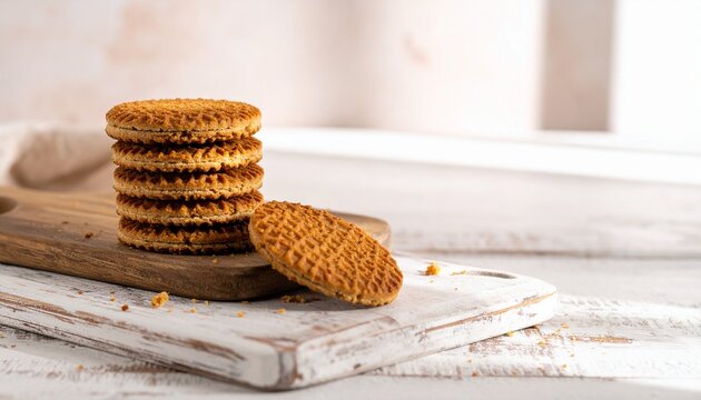 stack of waffle cookies on a wooden table
