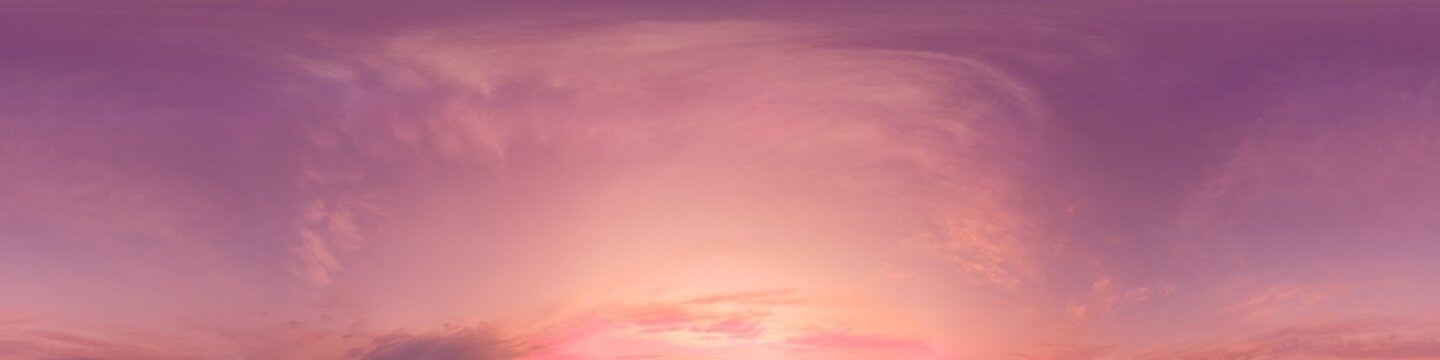 Sunset sky pink clouds panorama featuring a 360 degree view of a colorful twilight atmosphere with soft purple tones