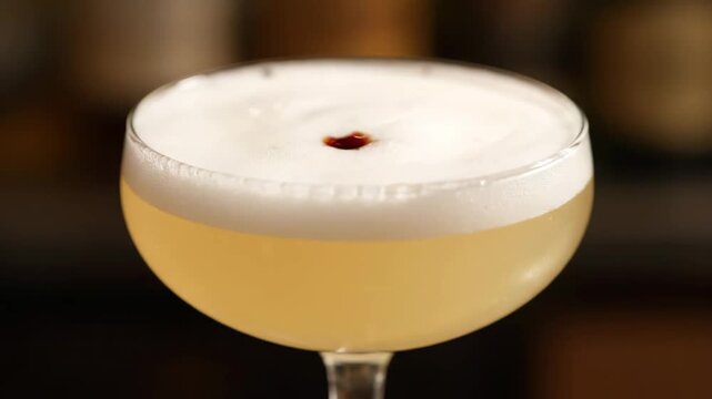 Bartender Decorating Cocktail: Close-up of Dark Bitters Being Poured Onto Thick White Foam Layer of a Classic Sour Cocktail Served in an Elegant Coupe Glass.