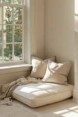 Fototapeta premium Cozy reading nook featuring a low-profile boucl daybed with soft linen cushions beside a large window, illuminated by warm afternoon light