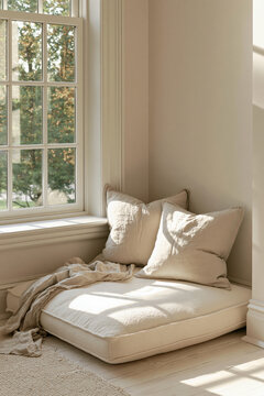 Cozy reading nook featuring a low-profile boucl daybed with soft linen cushions beside a large window, illuminated by warm afternoon light