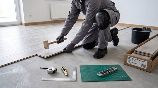 Worker installs wooden flooring in a room while using tools on the ground and a box with supplies nearby