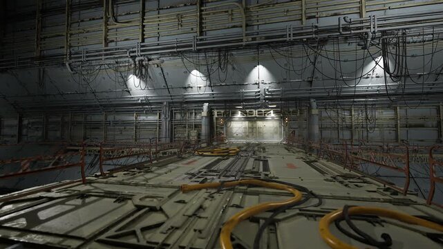 Industrial retrofit site with loose cables and hoses, unfinished metal floor and scattered tools, scaffolding hints and harsh spotlights creating active