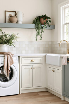 Modern coastal laundry room featuring a white washing machine, farmhouse sink, and sage blue shelf with decorative plants and accessories
