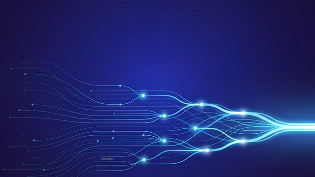 Branching data lines merging into a single bright stream on dark blue background, network convergence and integration concept with copy space