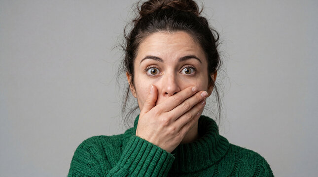 Woman covering her mouth with her hand while looking surprised or shocked in a simple indoor setting
