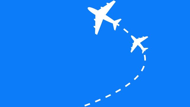 two white airplane silhouettes travel blue sky, white dashed line showing flight path. graphic aviation travel concept.